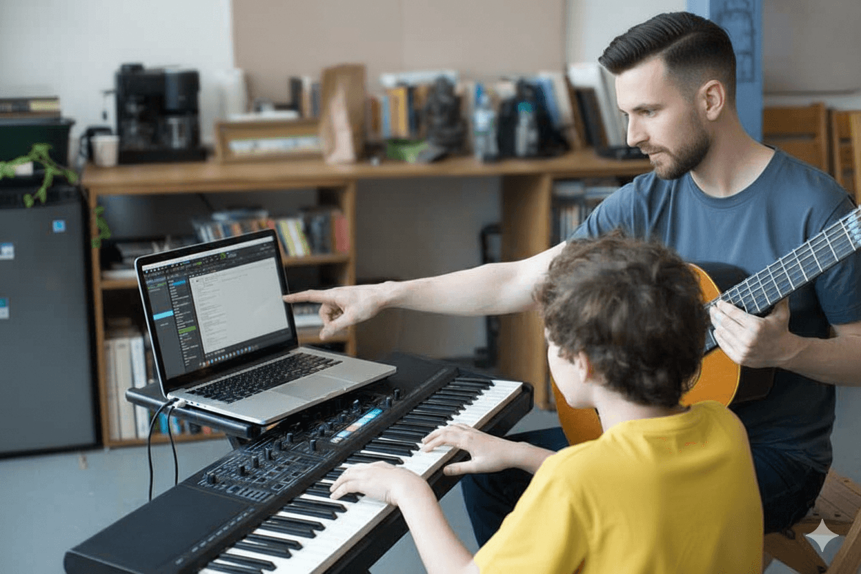 A modern music studio with synthesizers and mixing equipment.